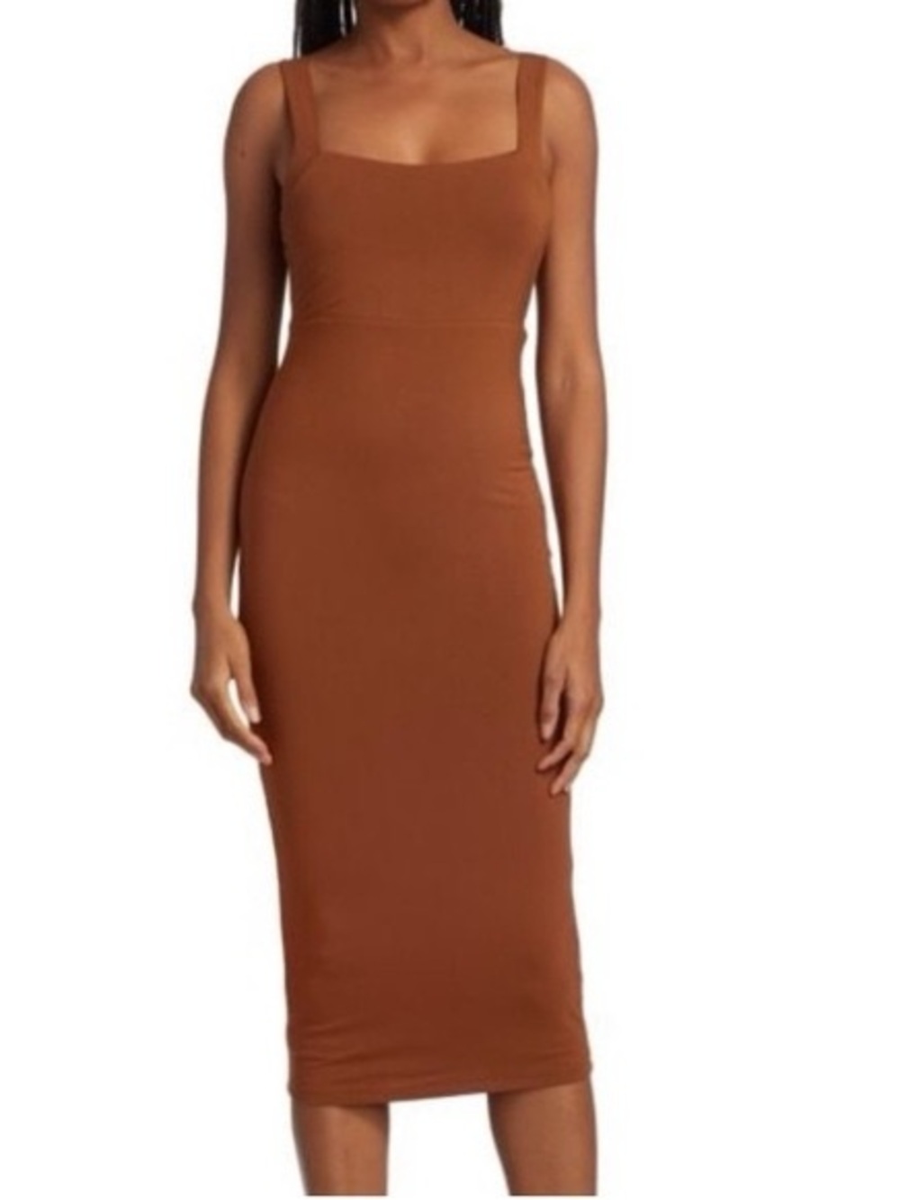 Good American Square-Neck Midi Dress in Rust Brown